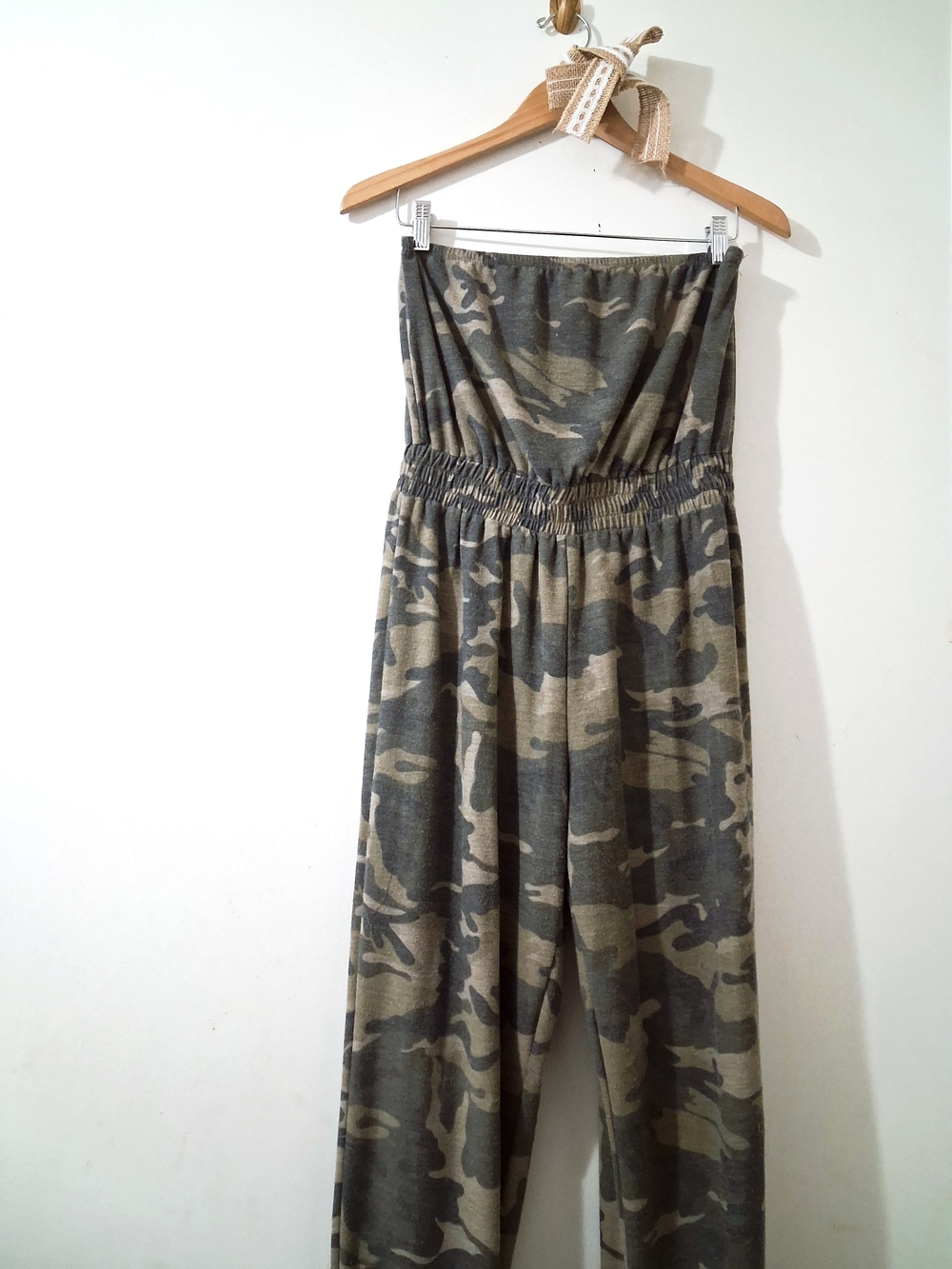 Peach Love Strapless Olive Green Camo Hometown Comfy Western Jogger Jumpsuit